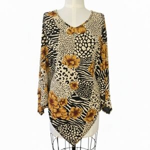 Roaman's M-1X Poncho Kaftan Hankie Hem Top Zebra Leopard Floral Orange Black